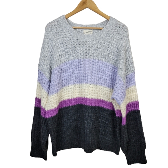 Universal Thread Striped Chunky Knit Sweater XXL Purple Gray Balloon Sleeves - Picture 2 of 8